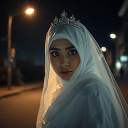 A Muslim bride wearing a white hijab, a white dress, a bridal veil, and a sparkling tiara, looking directly at the camera with an expression of great horror