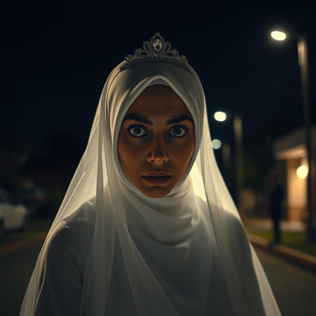 A Muslim bride wearing a white hijab, a white dress, a bridal veil, and a sparkling tiara, looking directly at the camera with an expression of great horror