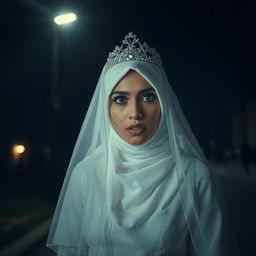 A Muslim bride wearing a white hijab, a white dress, a bridal veil, and a sparkling tiara, looking directly at the camera with an expression of great horror