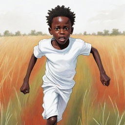 A vivid, 2D cartoon-style sketch portraying an African boy dressed in white, running in terror across a field. Amplify his fear for dramatic effect, and imbue the scene with high-contrast, bold colors.