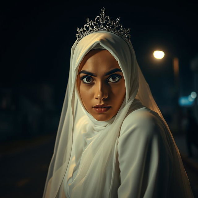 A Muslim bride wearing a white hijab, a white dress, a bridal veil, and a sparkling tiara, looking directly at the camera with an expression of great horror