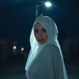 A Muslim bride wearing a white hijab, a white dress, a bridal veil, and a sparkling tiara, looking directly at the camera with an expression of great horror