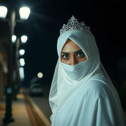 A Muslim bride wearing a white hijab, a white dress, a bridal veil, and a sparkling tiara, looking directly at the camera with an expression of great horror