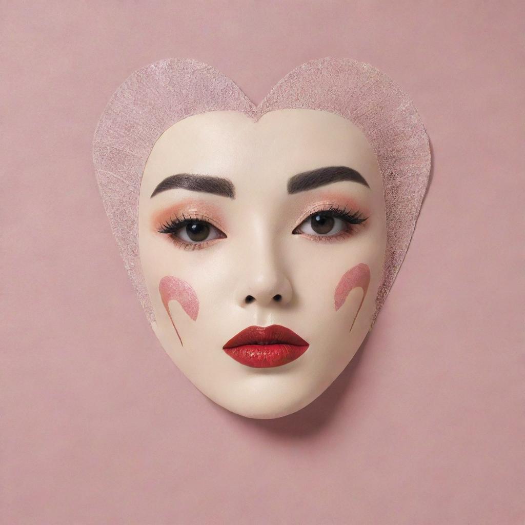 A Korean sheet face mask adorned with an art deco inspired illustration of 20-30s makeup style: extremely thin eyebrows, sensual eyes, a faux grain de beauté, heart-shaped lipstick-daubed lips.