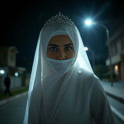 A Muslim bride wearing a white hijab, a white dress, a bridal veil, and a sparkling tiara, looking directly at the camera with an expression of great horror