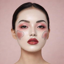 A Korean sheet face mask adorned with an art deco inspired illustration of 20-30s makeup style: extremely thin eyebrows, sensual eyes, a faux grain de beauté, heart-shaped lipstick-daubed lips.