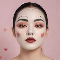 A Korean sheet face mask adorned with an art deco inspired illustration of 20-30s makeup style: extremely thin eyebrows, sensual eyes, a faux grain de beauté, heart-shaped lipstick-daubed lips.