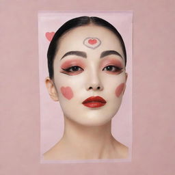 A Korean sheet face mask adorned with an art deco inspired illustration of 20-30s makeup style: extremely thin eyebrows, sensual eyes, a faux grain de beauté, heart-shaped lipstick-daubed lips.