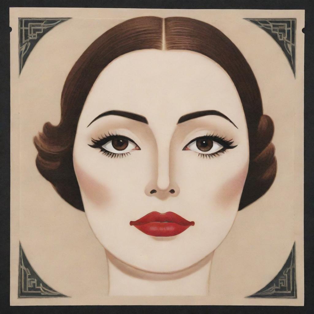 A Korean sheet face mask featuring an Art Deco inspired illustration of 20-30s makeup style, reminiscent of Greta Garbo. Elements include very thin eyebrows, sultry eyes, a faux grain de beauté, and heart-shaped lips painted with vibrant lipstick.