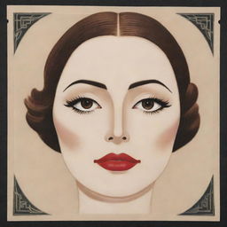 A Korean sheet face mask featuring an Art Deco inspired illustration of 20-30s makeup style, reminiscent of Greta Garbo. Elements include very thin eyebrows, sultry eyes, a faux grain de beauté, and heart-shaped lips painted with vibrant lipstick.