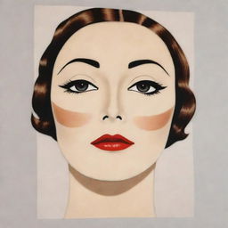 A Korean sheet face mask featuring an Art Deco inspired illustration of 20-30s makeup style, reminiscent of Greta Garbo. Elements include very thin eyebrows, sultry eyes, a faux grain de beauté, and heart-shaped lips painted with vibrant lipstick.