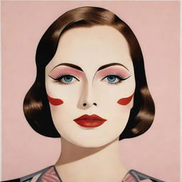 A Korean sheet face mask featuring an Art Deco inspired illustration of 20-30s makeup style, reminiscent of Greta Garbo. Elements include very thin eyebrows, sultry eyes, a faux grain de beauté, and heart-shaped lips painted with vibrant lipstick.