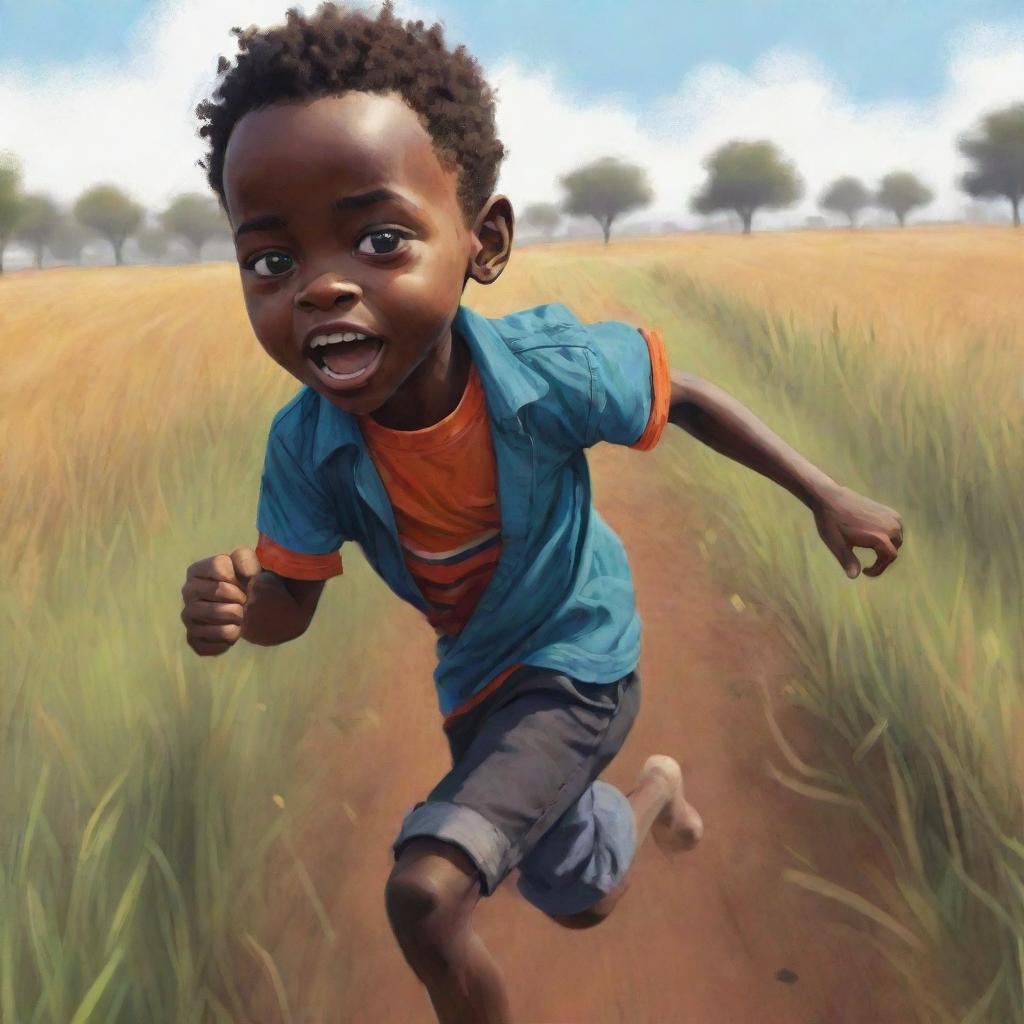 Render a vivid 2D cartoon-style sketch of a small African boy, running filled with fear across a field. His body is split into two halves - one black, one white. His clothes are white, and the style deviates from realism, filled with bold colors.