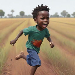 Render a vivid 2D cartoon-style sketch of a small African boy, running filled with fear across a field. His body is split into two halves - one black, one white. His clothes are white, and the style deviates from realism, filled with bold colors.