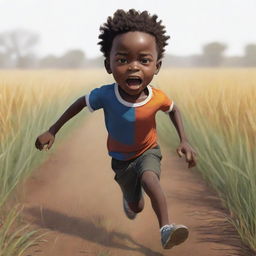 Render a vivid 2D cartoon-style sketch of a small African boy, running filled with fear across a field. His body is split into two halves - one black, one white. His clothes are white, and the style deviates from realism, filled with bold colors.