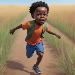 Render a vivid 2D cartoon-style sketch of a small African boy, running filled with fear across a field. His body is split into two halves - one black, one white. His clothes are white, and the style deviates from realism, filled with bold colors.