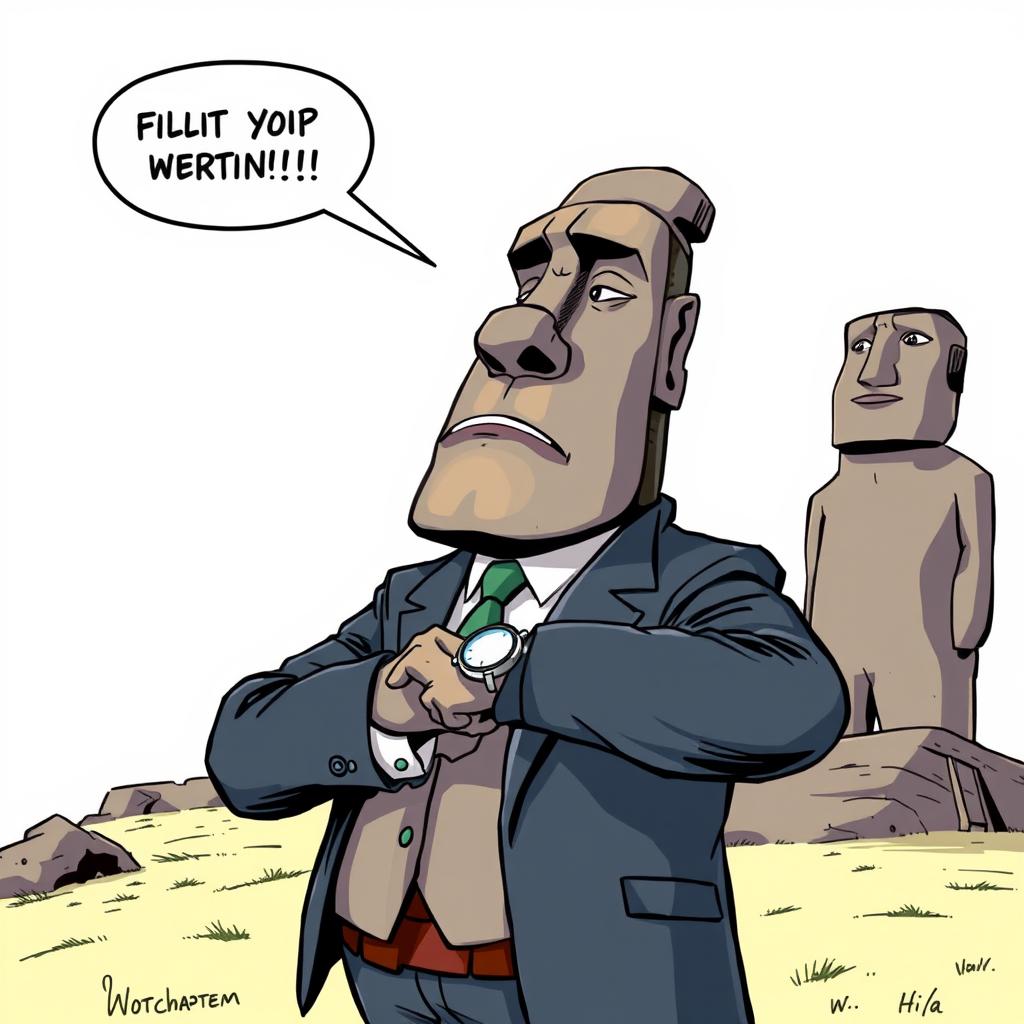 A full body view of an Easter Island statue, humorously dressed in a sharp business suit