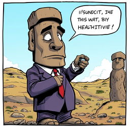 A full body view of an Easter Island statue, humorously dressed in a sharp business suit