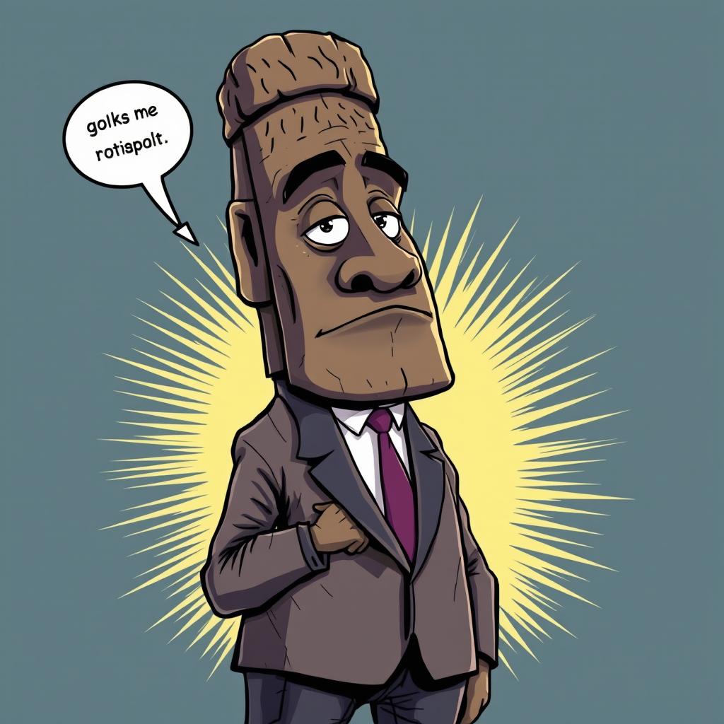 A full body view of an Easter Island statue, humorously dressed in a sharp business suit