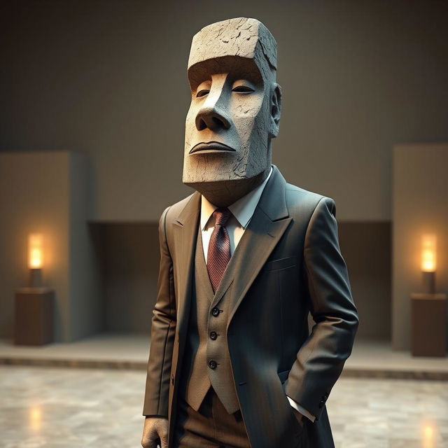 A hyper-realistic depiction of a full body Easter Island statue, outfitted in a classic business suit