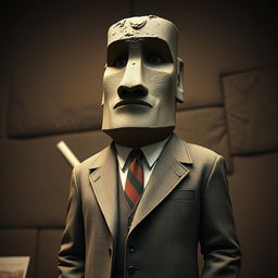 A hyper-realistic depiction of a full body Easter Island statue, outfitted in a classic business suit