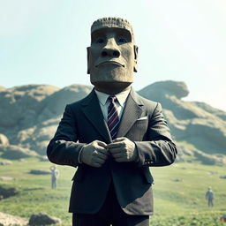 A hyper-realistic depiction of a full body Easter Island statue, outfitted in a classic business suit