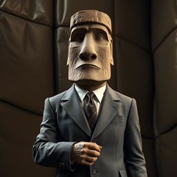 A hyper-realistic depiction of a full body Easter Island statue, outfitted in a classic business suit