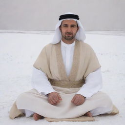 A 40-year-old man dressed in Arabic attire, sporting a white abaya and a beige dashdasha, captured in a right-side view as he sits cross-legged on a snowy landscape.