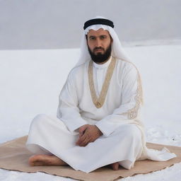 A 40-year-old man dressed in Arabic attire, sporting a white abaya and a beige dashdasha, captured in a right-side view as he sits cross-legged on a snowy landscape.