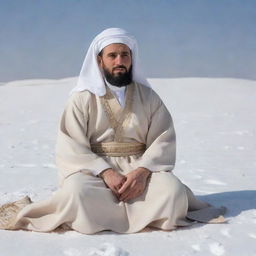 A 40-year-old man dressed in Arabic attire, sporting a white abaya and a beige dashdasha, captured in a right-side view as he sits cross-legged on a snowy landscape.