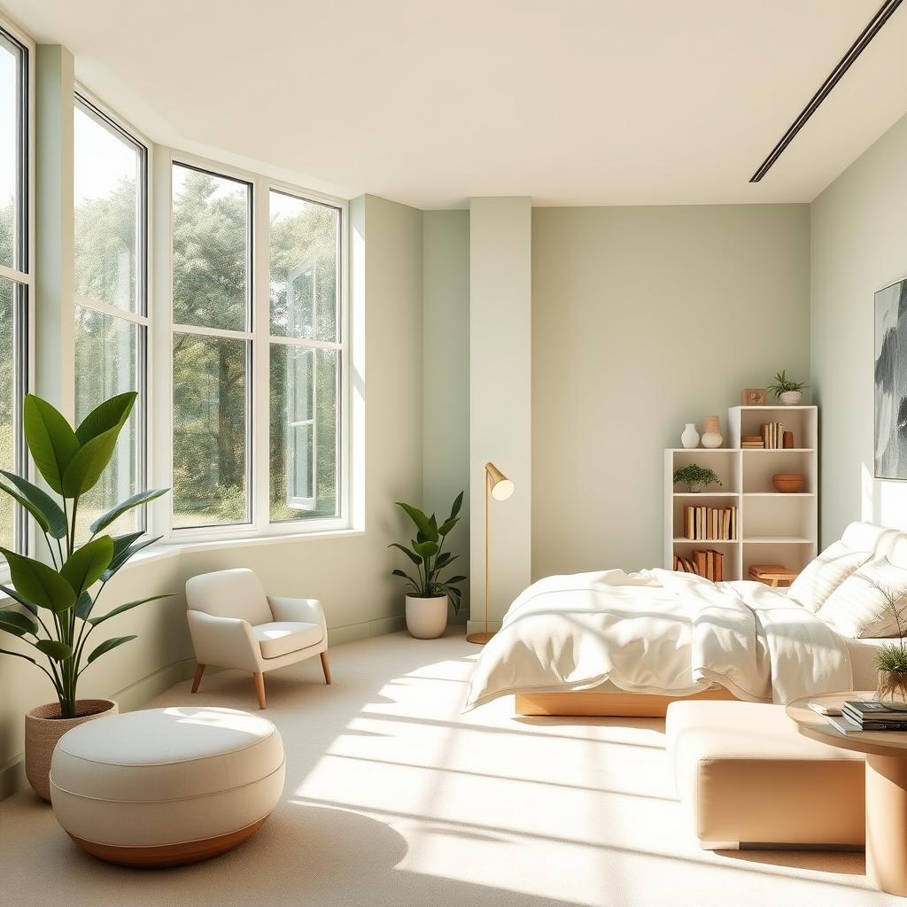 a beautiful bedroom interior with a soothing light green and beige color palette