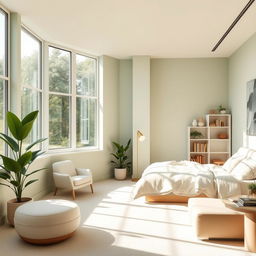 a beautiful bedroom interior with a soothing light green and beige color palette