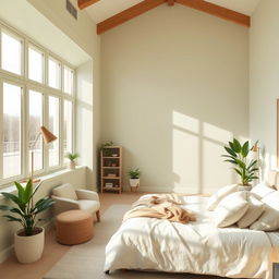 a beautiful bedroom interior with a soothing light green and beige color palette