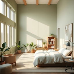 a beautiful bedroom interior with a soothing light green and beige color palette