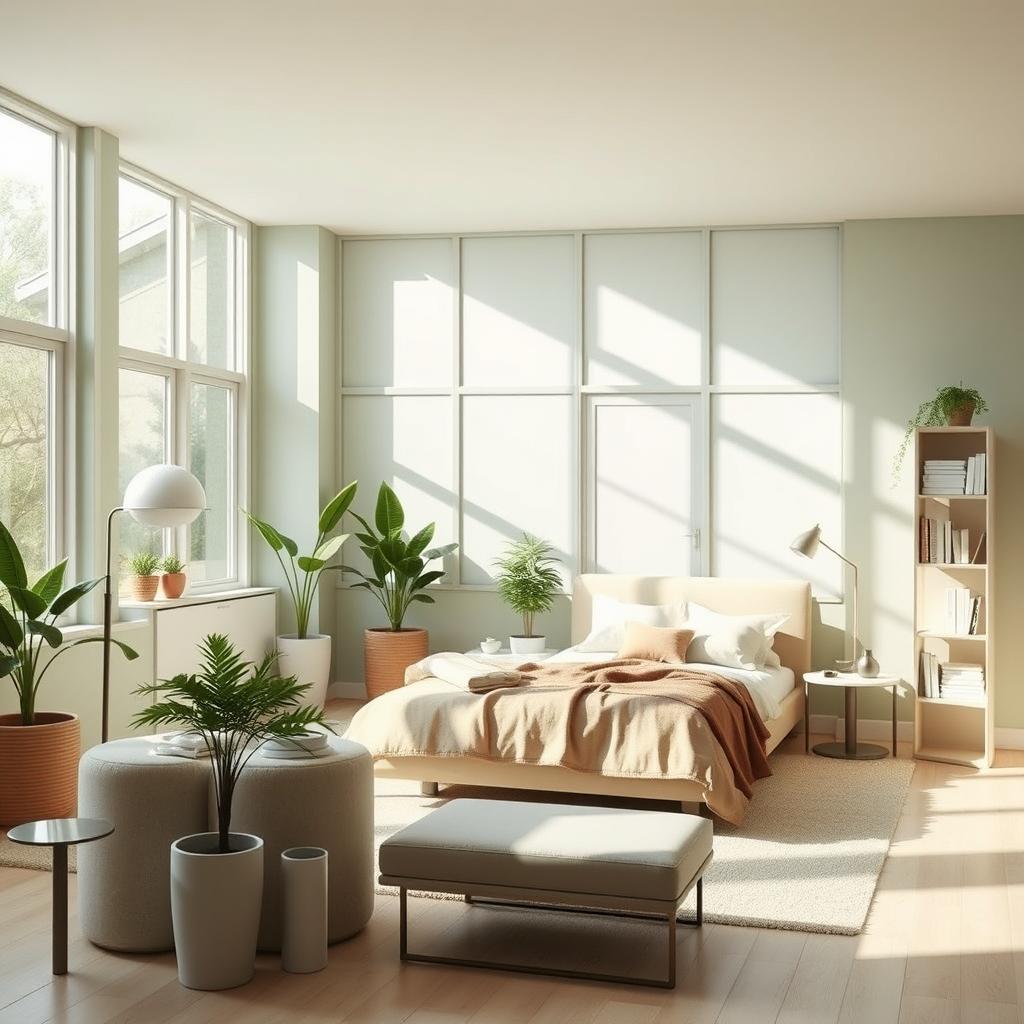 a beautiful bedroom interior with a soothing light green and beige color palette