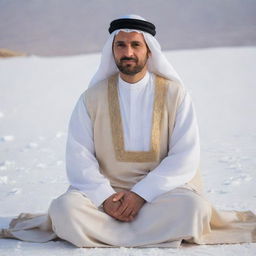 A 40-year-old man dressed in Arabic attire, sporting a white abaya and a beige dashdasha, captured in a right-side view as he sits cross-legged on a snowy landscape.