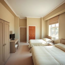 A bedroom interior designed in light green and beige colors, exuding a calm and inviting atmosphere