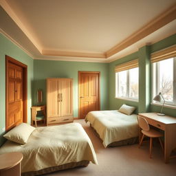 A bedroom interior designed in light green and beige colors, exuding a calm and inviting atmosphere