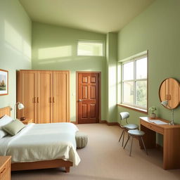 A bedroom interior designed in light green and beige colors, exuding a calm and inviting atmosphere