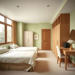 A bedroom interior designed in light green and beige colors, exuding a calm and inviting atmosphere