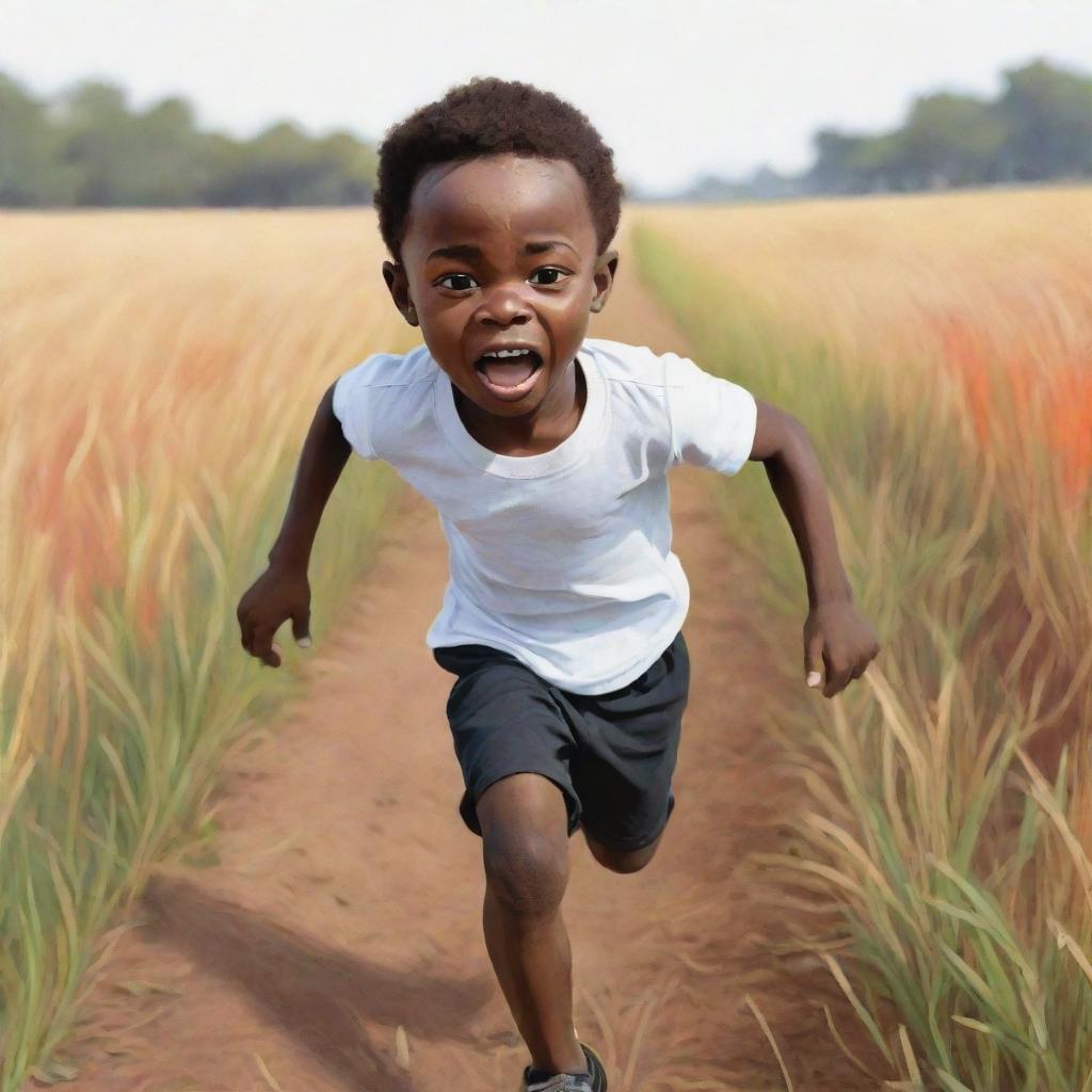 Depict a 2D cartoon-style sketch of a small African boy with his skin color split - half black, half white. He's donned in white, running terrified across a field. The imaginative design should refrain from realism, embracing vivid colors.