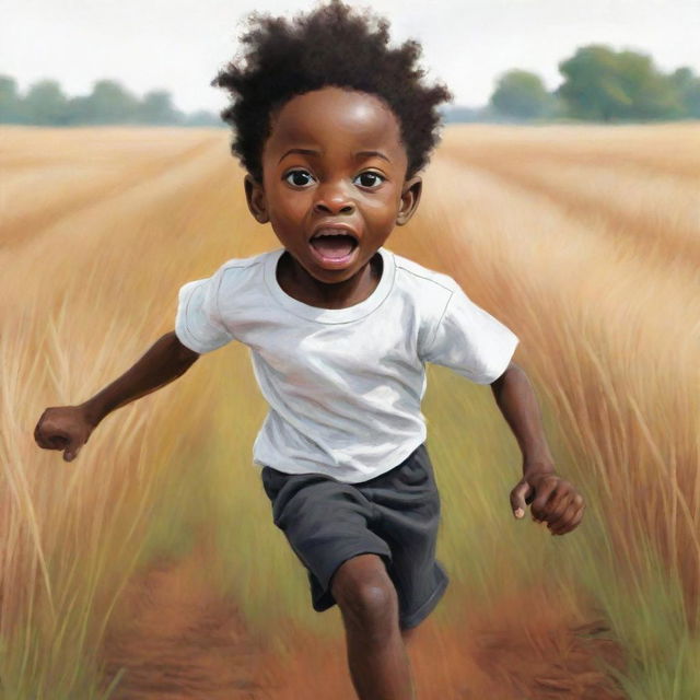 Depict a 2D cartoon-style sketch of a small African boy with his skin color split - half black, half white. He's donned in white, running terrified across a field. The imaginative design should refrain from realism, embracing vivid colors.