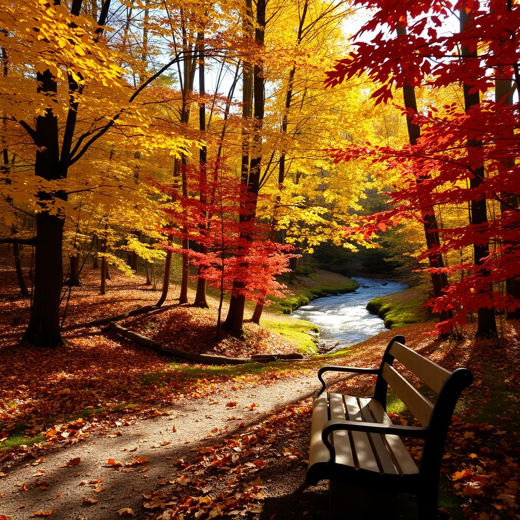 A serene forest scene in autumn, with golden and crimson leaves gently falling from the trees