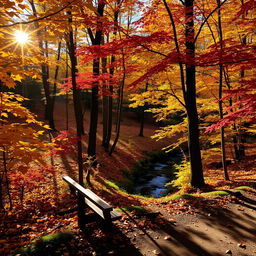 A serene forest scene in autumn, with golden and crimson leaves gently falling from the trees