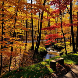 A serene forest scene in autumn, with golden and crimson leaves gently falling from the trees