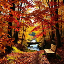 A serene forest scene in autumn, with golden and crimson leaves gently falling from the trees