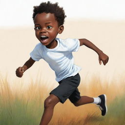 Depict a 2D cartoon-style sketch of a small African boy with his skin color split - half black, half white. He's donned in white, running terrified across a field. The imaginative design should refrain from realism, embracing vivid colors.