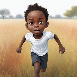 Depict a 2D cartoon-style sketch of a small African boy with his skin color split - half black, half white. He's donned in white, running terrified across a field. The imaginative design should refrain from realism, embracing vivid colors.