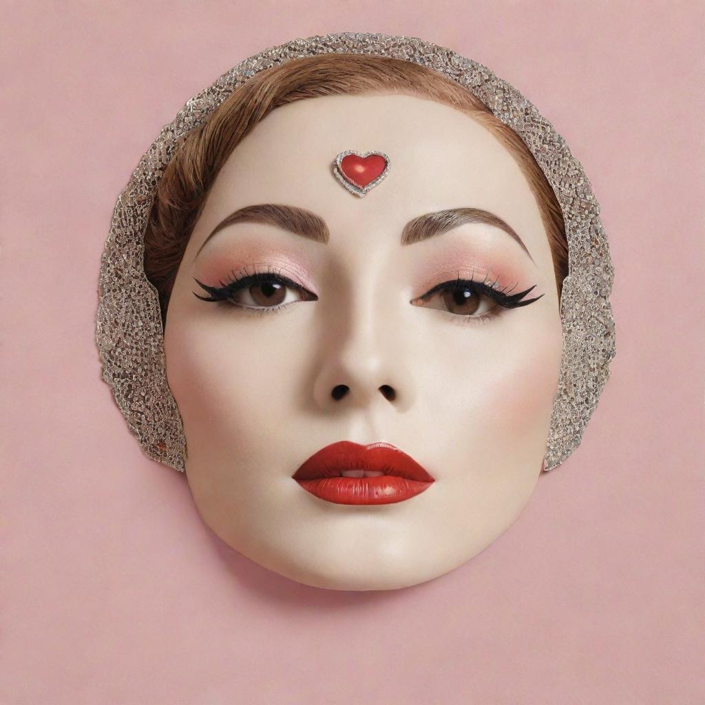 A Korean sheet face mask embellished with an Art Deco depiction of 20-30s makeup style, evoking the style of Greta Garbo. Features very thin high eyebrows, sultry eyes, blush, a simulated grain de beauté, and heart-shaped lips garbed in lipstick.