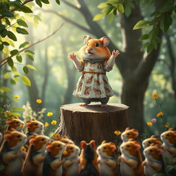 A whimsical scene featuring a hamster dressed in a dress patterned with images of other hamsters, standing on a stage in a forest